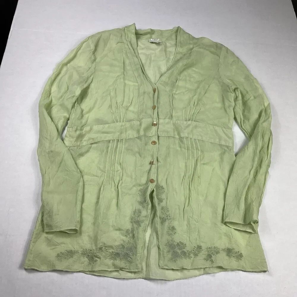 J.Jill Embroidered Button Down Shirt Green Sheer Boho Y2K Long Sleeve Top SMALL